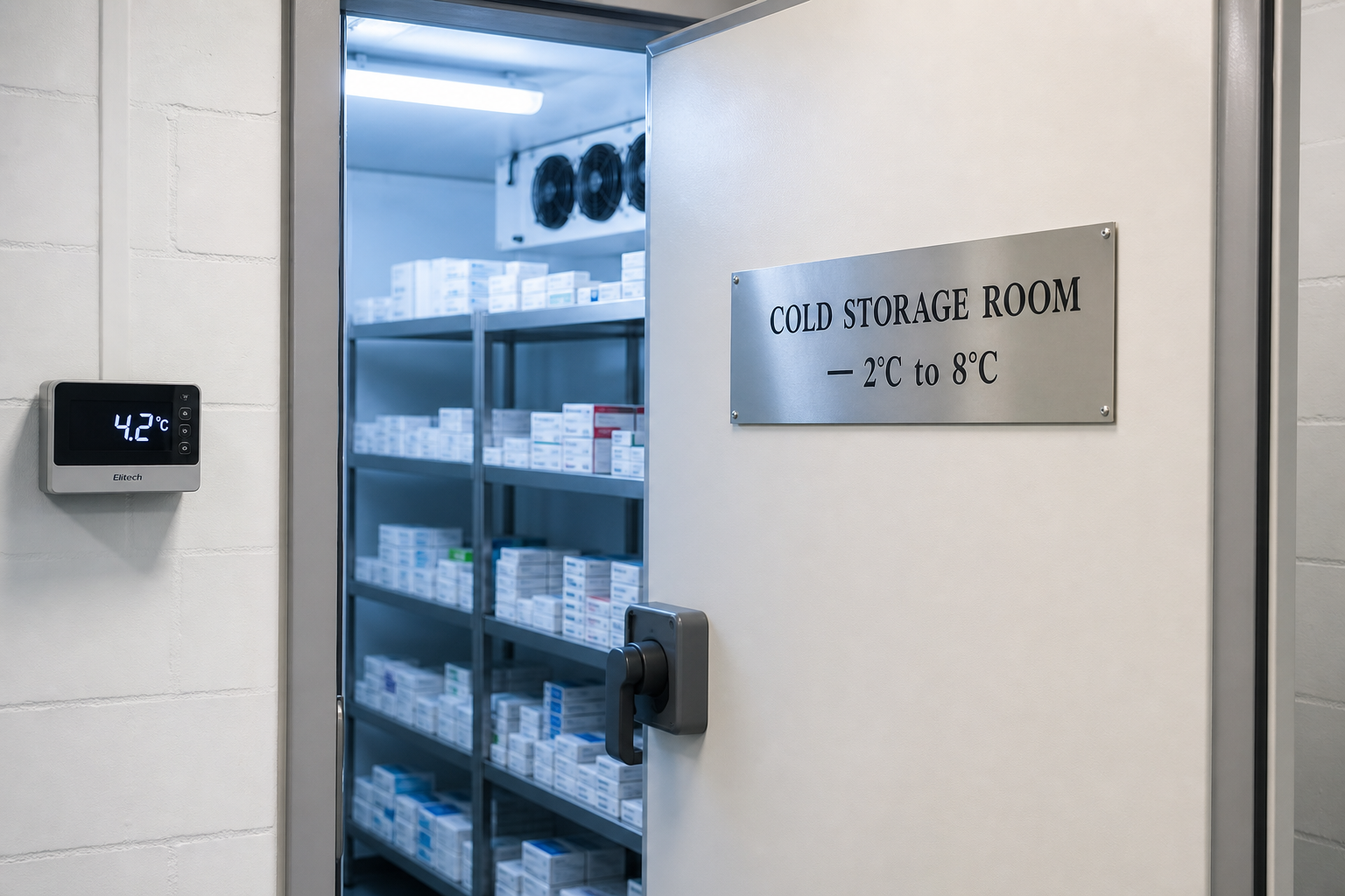 Pharmaceutical cold storage room at 4°C with medical product shelves — Yaksu Medi warehouse, Seongnam, Korea