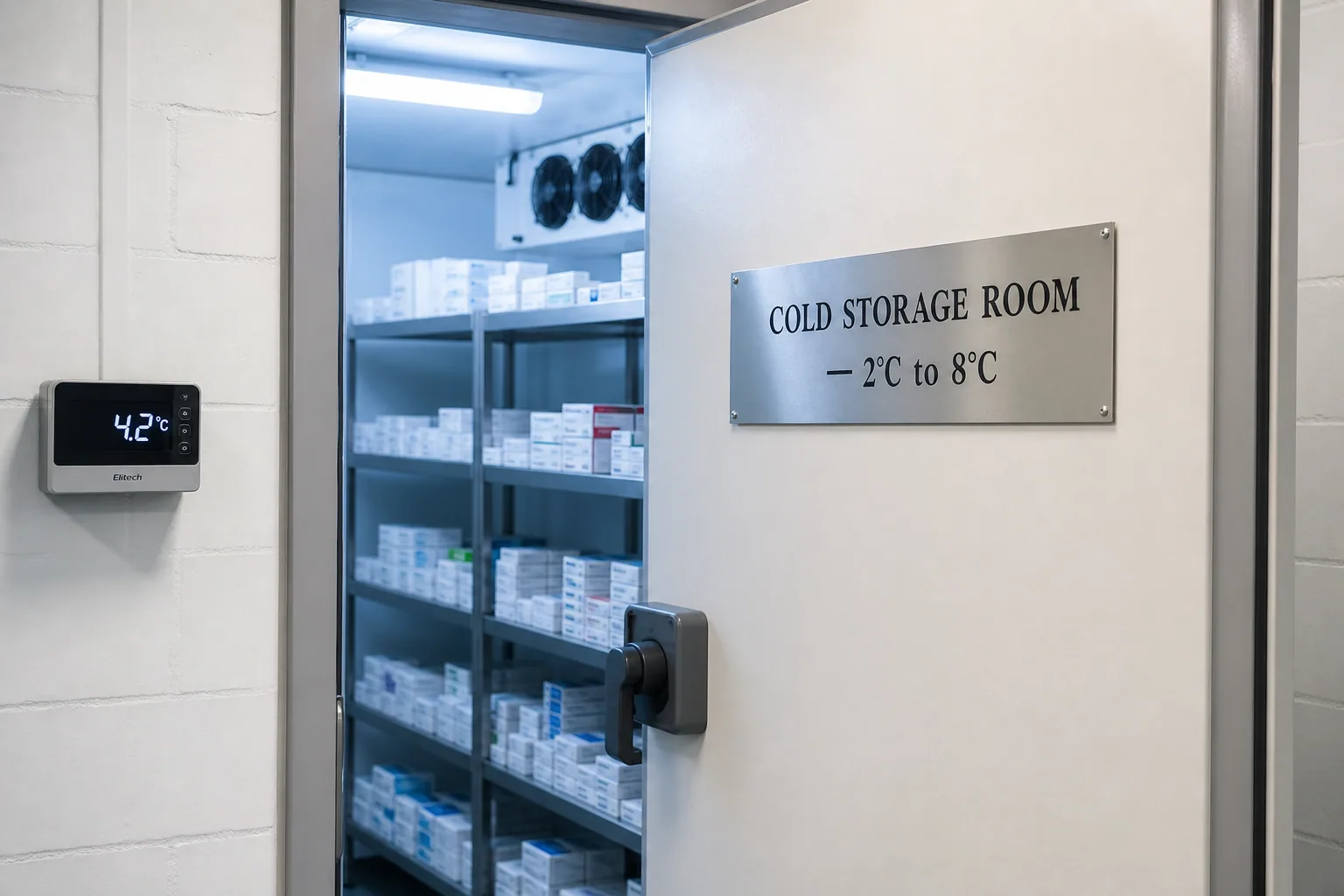 Pharmaceutical cold storage room at 4°C with medical product shelves, Yaksu Medi warehouse, Pyeongtaek, Korea