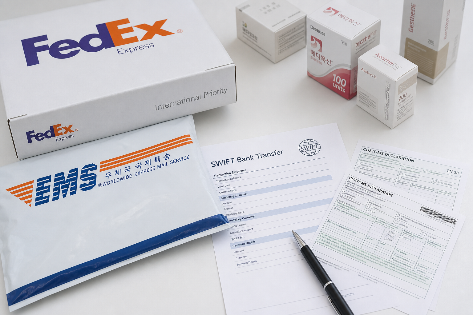 FedEx and EMS shipment with SWIFT bank transfer and customs forms for Korean medical aesthetics export