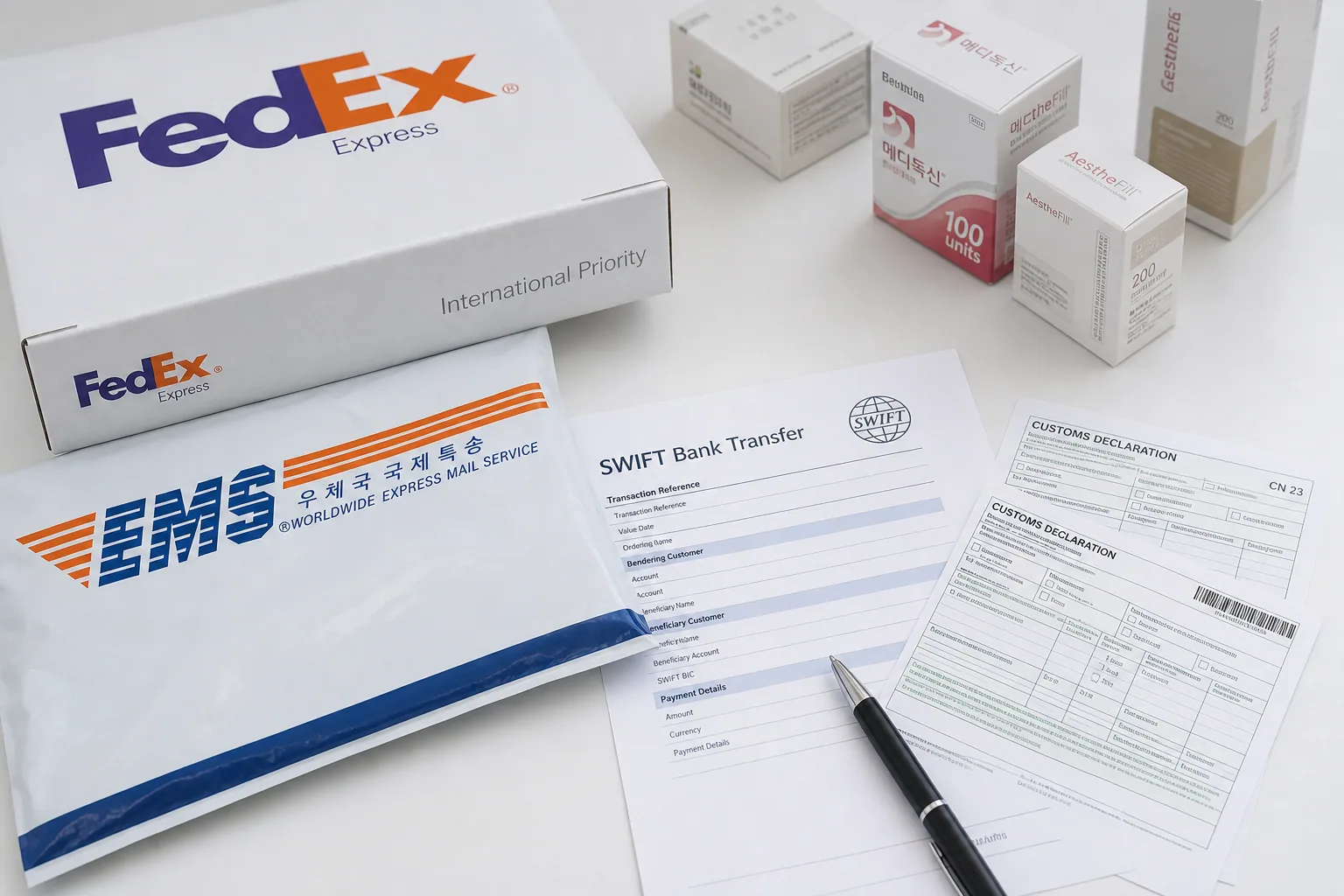 FedEx and EMS shipment with SWIFT bank transfer and customs forms for Korean medical aesthetics export